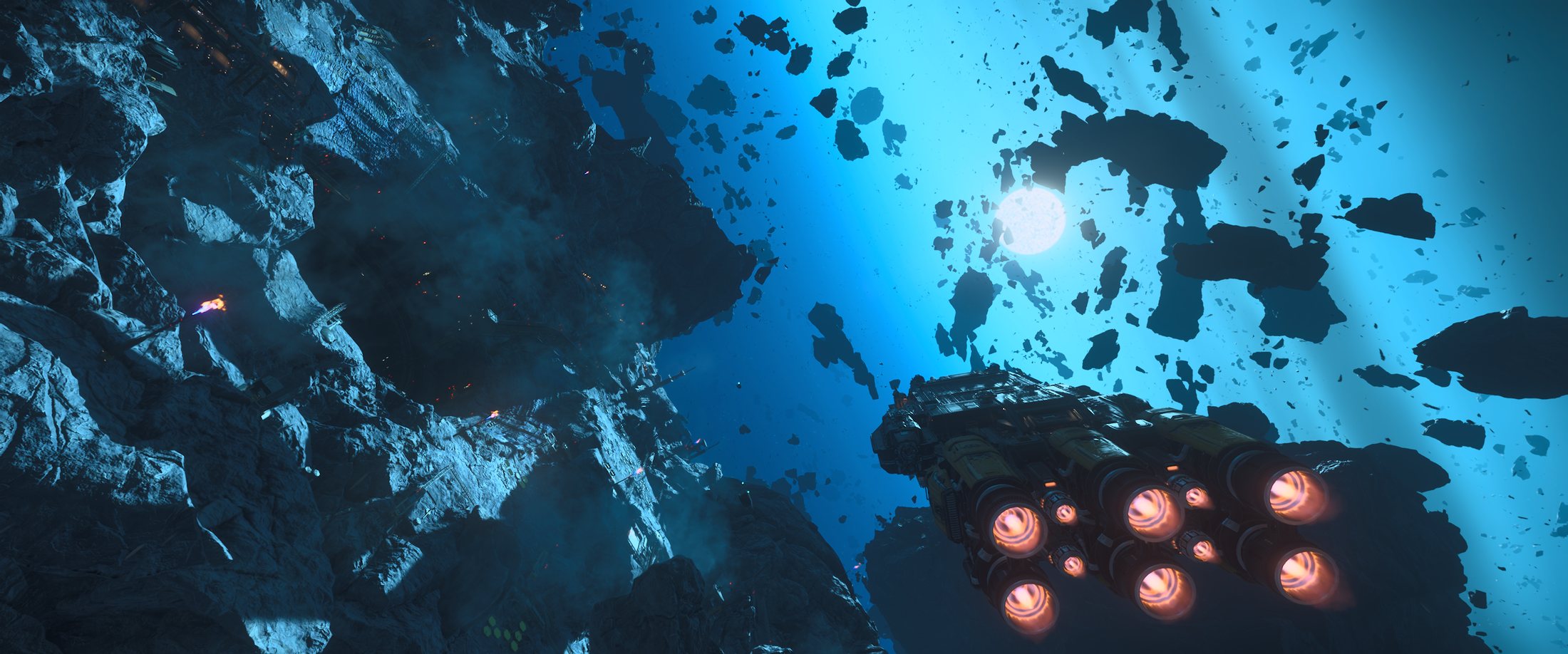 Industrial ship navigating a bright asteroid field