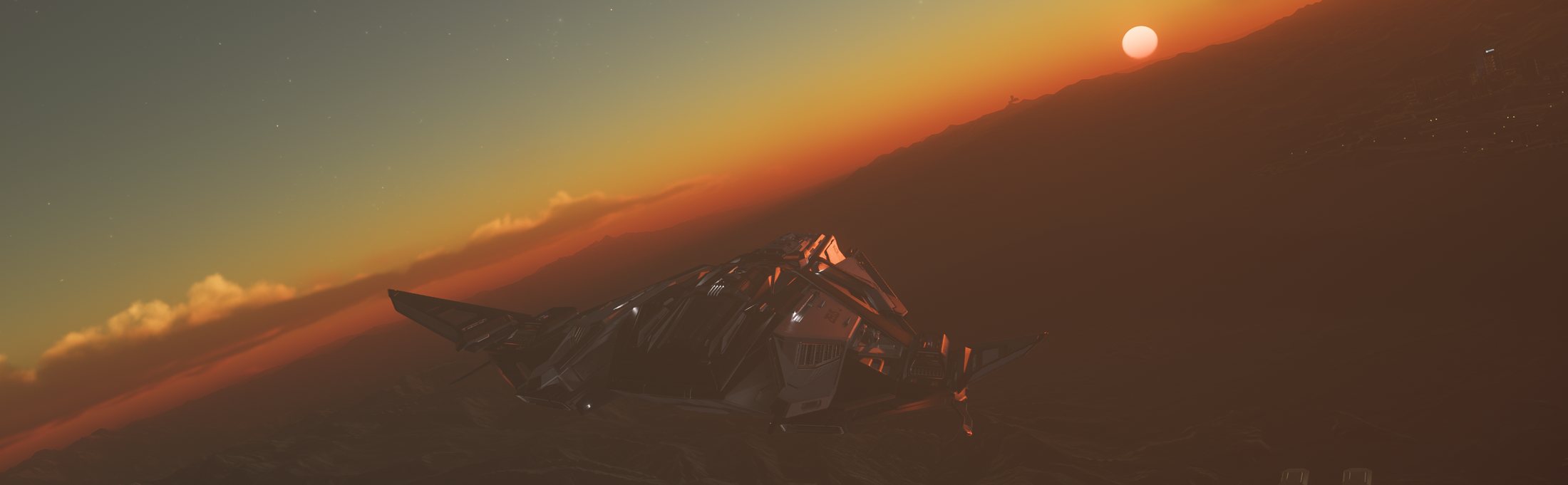Zeus spacecraft resting on a mountainside at sunset